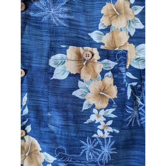 Attitude Hawaiian Silk Men's Shirt Blue Hibiscus Floral Button Down Size M - Picture 3 of 9
